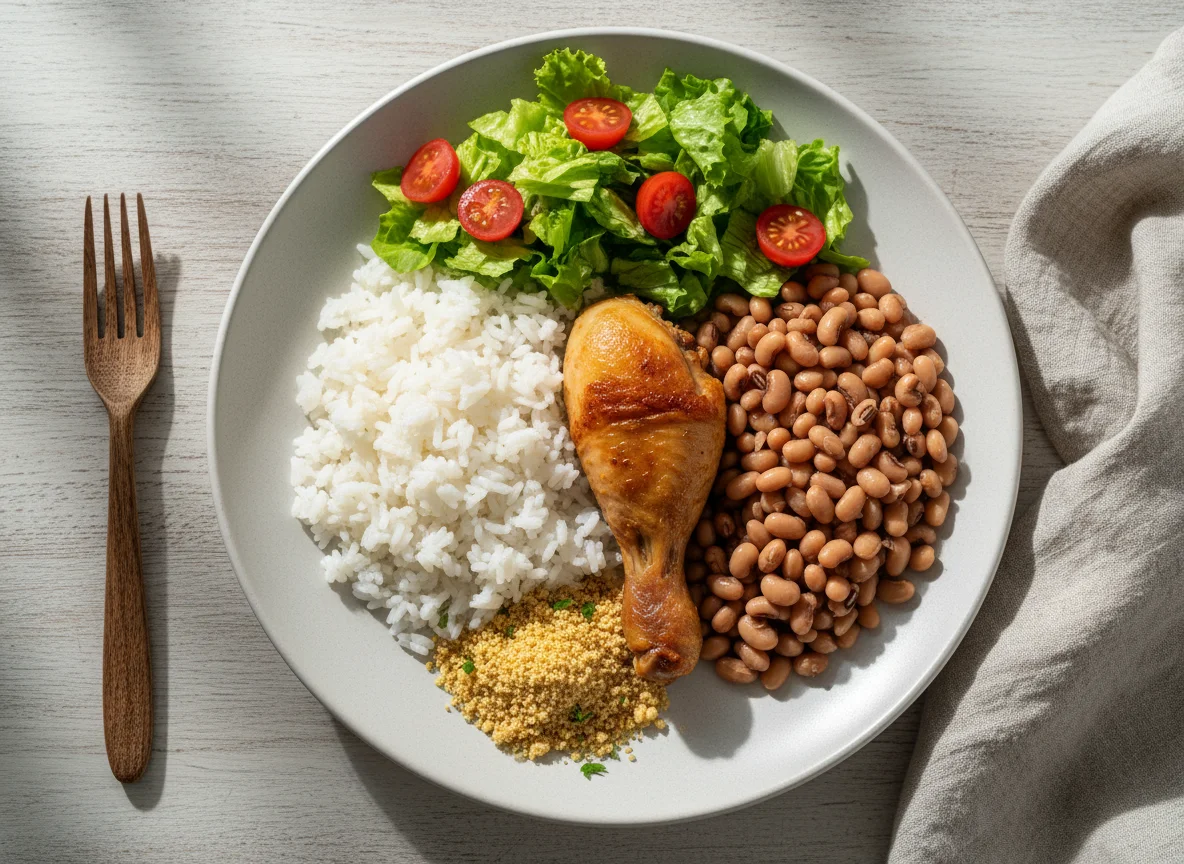 Prato de frango com feijão, arroz e salada photo