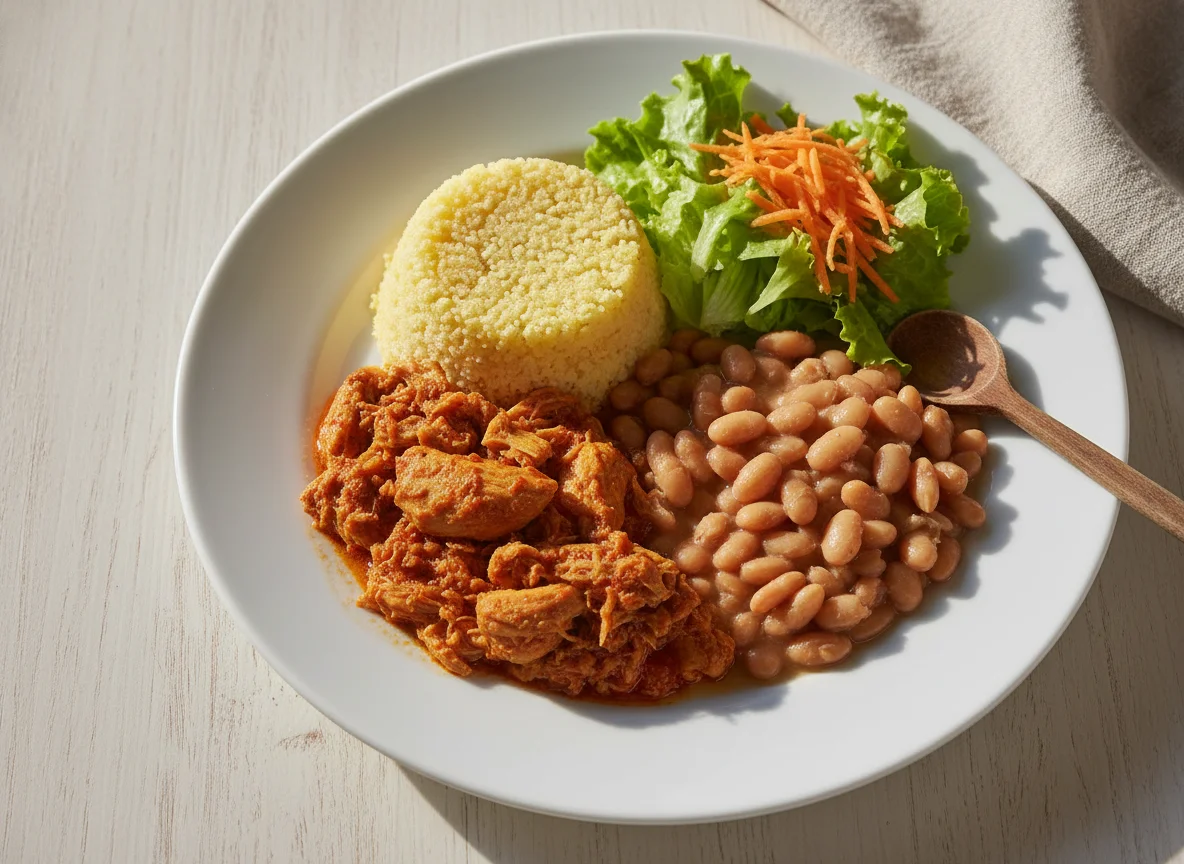 Prato de frango com feijão, cuscuz e salada photo