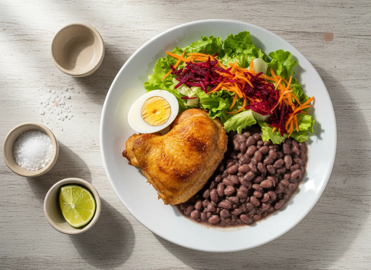 Prato de frango com feijão e salada photo