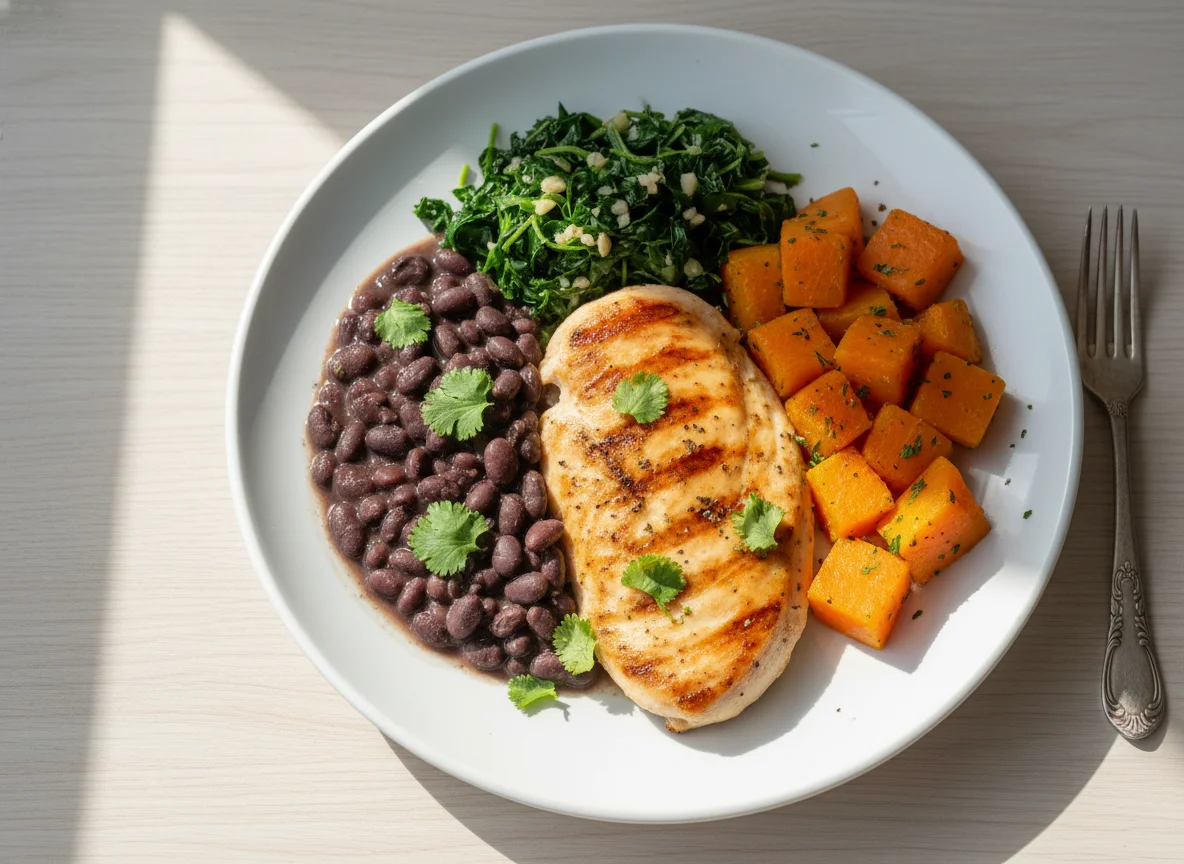 Prato de frango com legumes e feijão photo