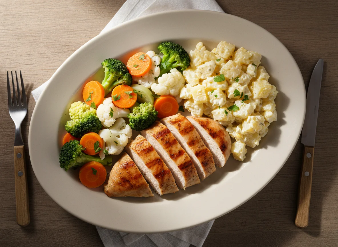 Prato de frango com legumes e salada de batata photo