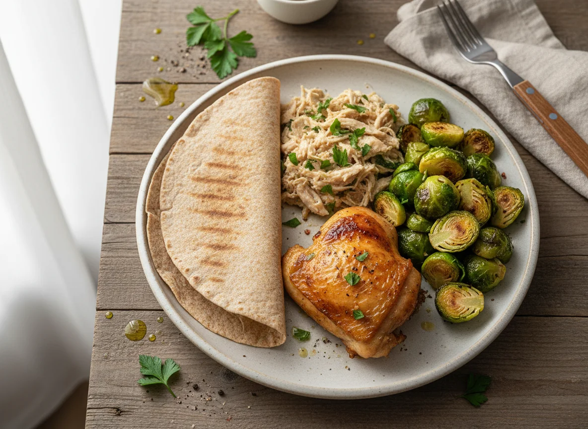 Prato de frango com legumes e wrap photo