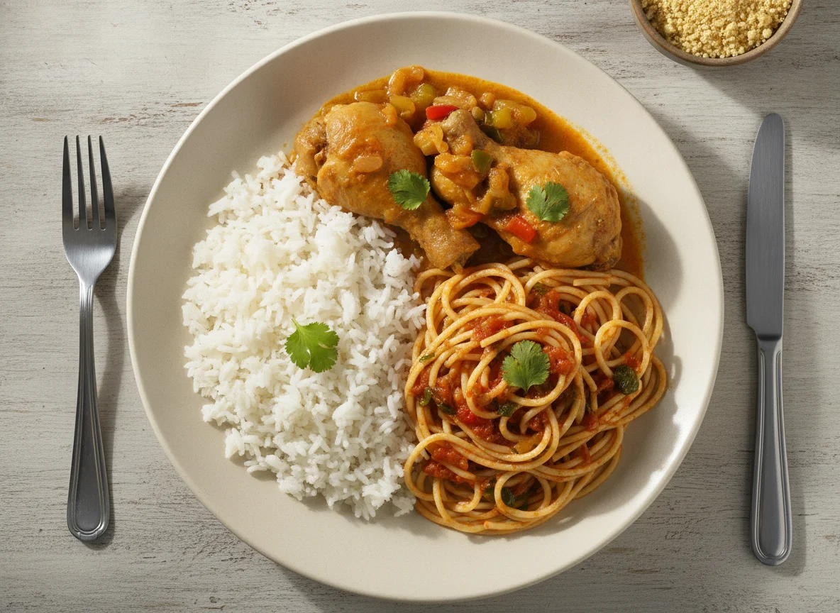 Prato de frango com macarrão e arroz photo