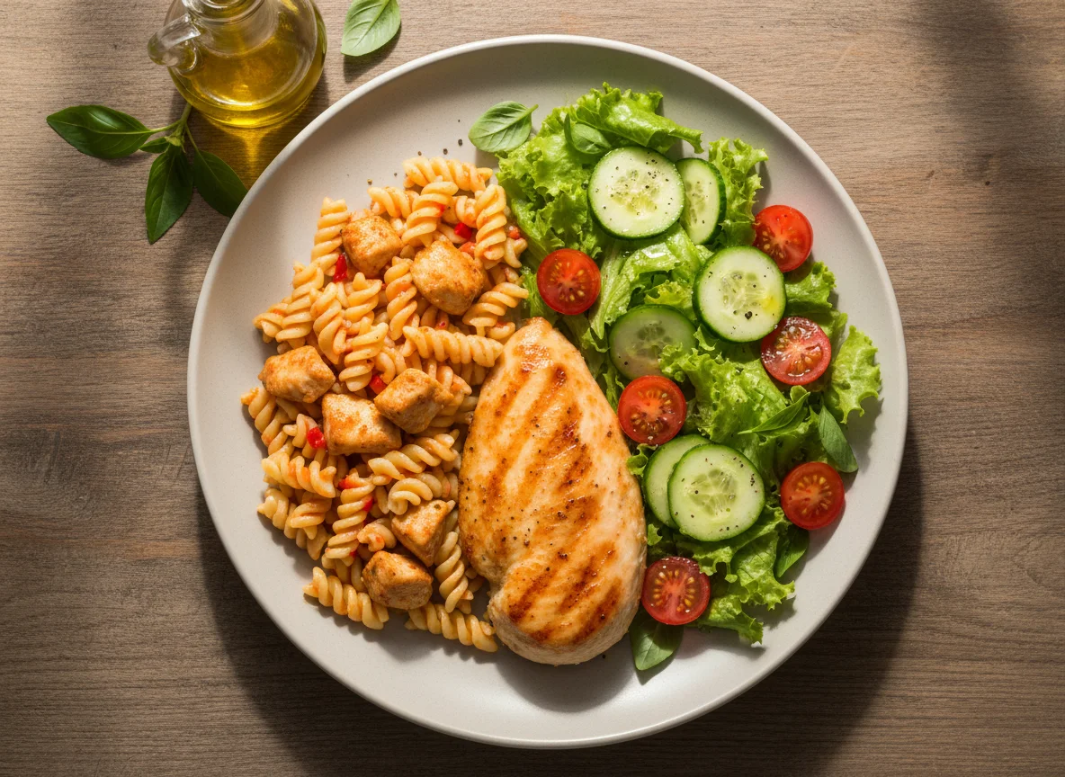 Prato de frango com massa e salada photo