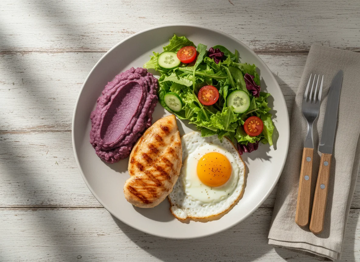 Prato de frango com ovo, puré de batata doce roxa e salada photo