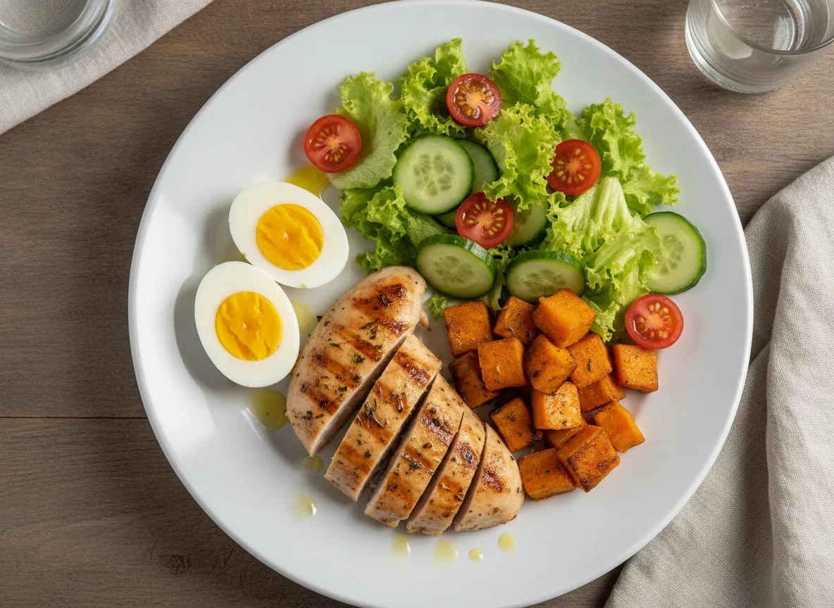 Prato de Frango com Ovos, Batata Doce e Salada photo
