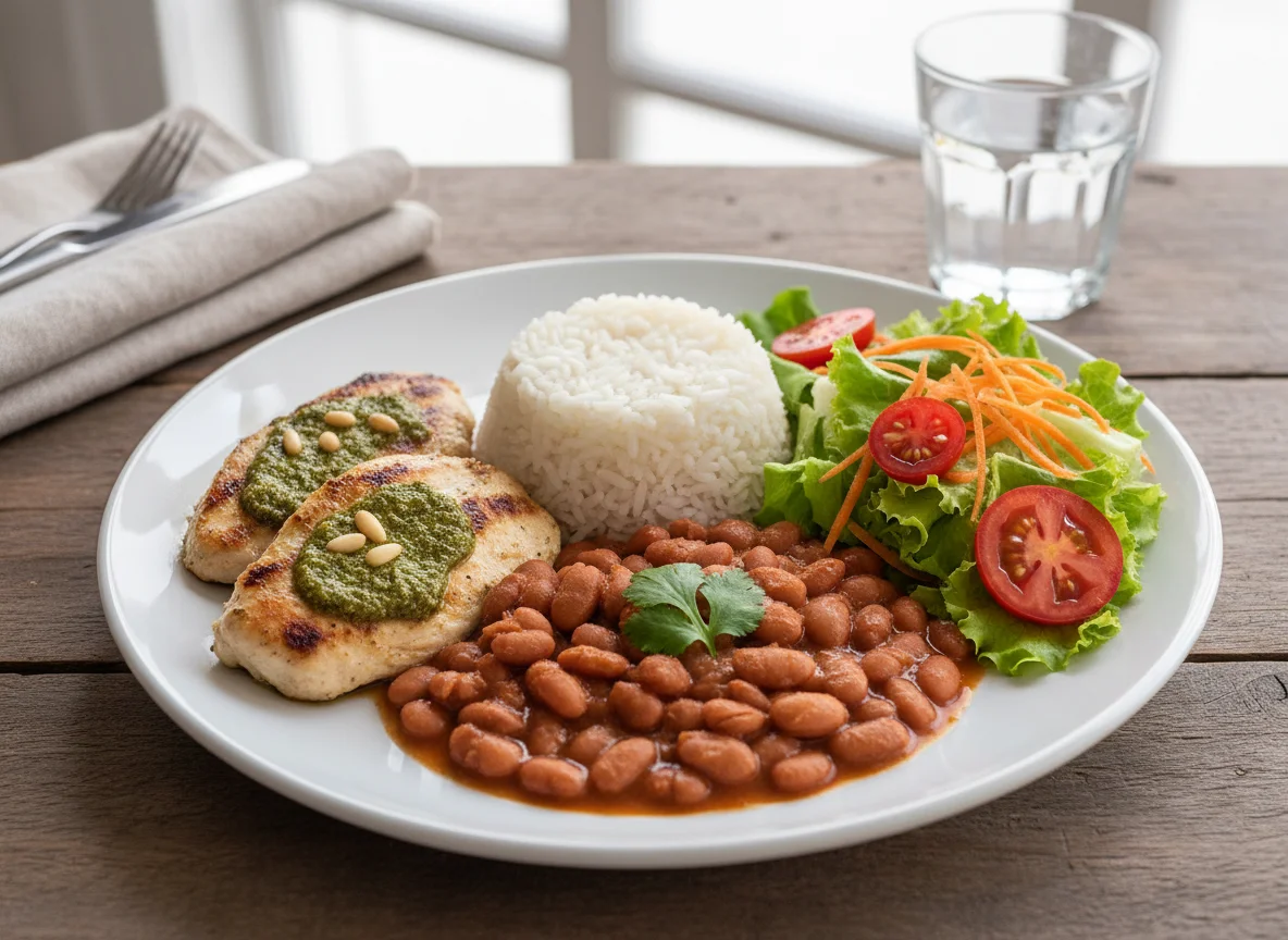 Prato de frango com pesto, arroz, feijão e salada photo