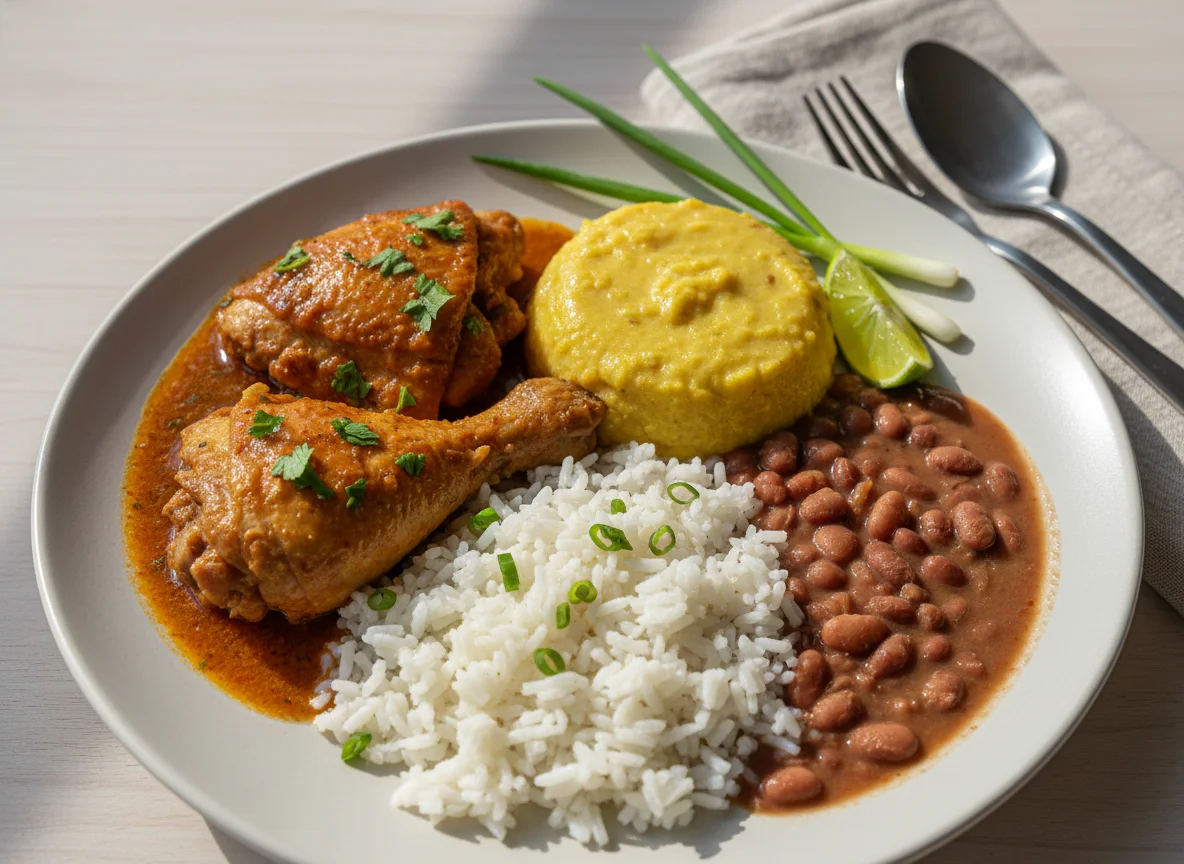 Prato de frango com pirão, arroz e feijão photo