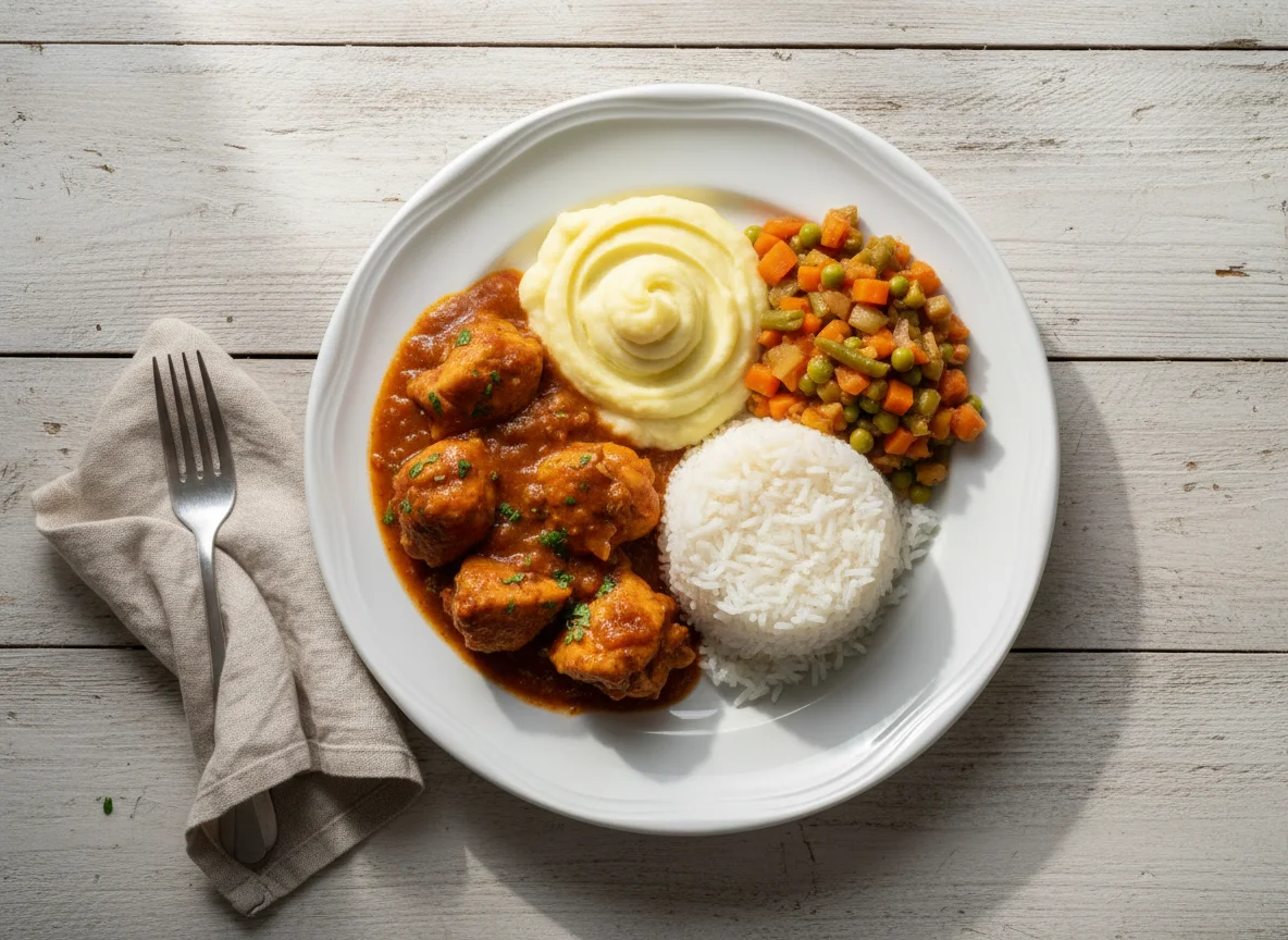Prato de frango com purê e arroz photo