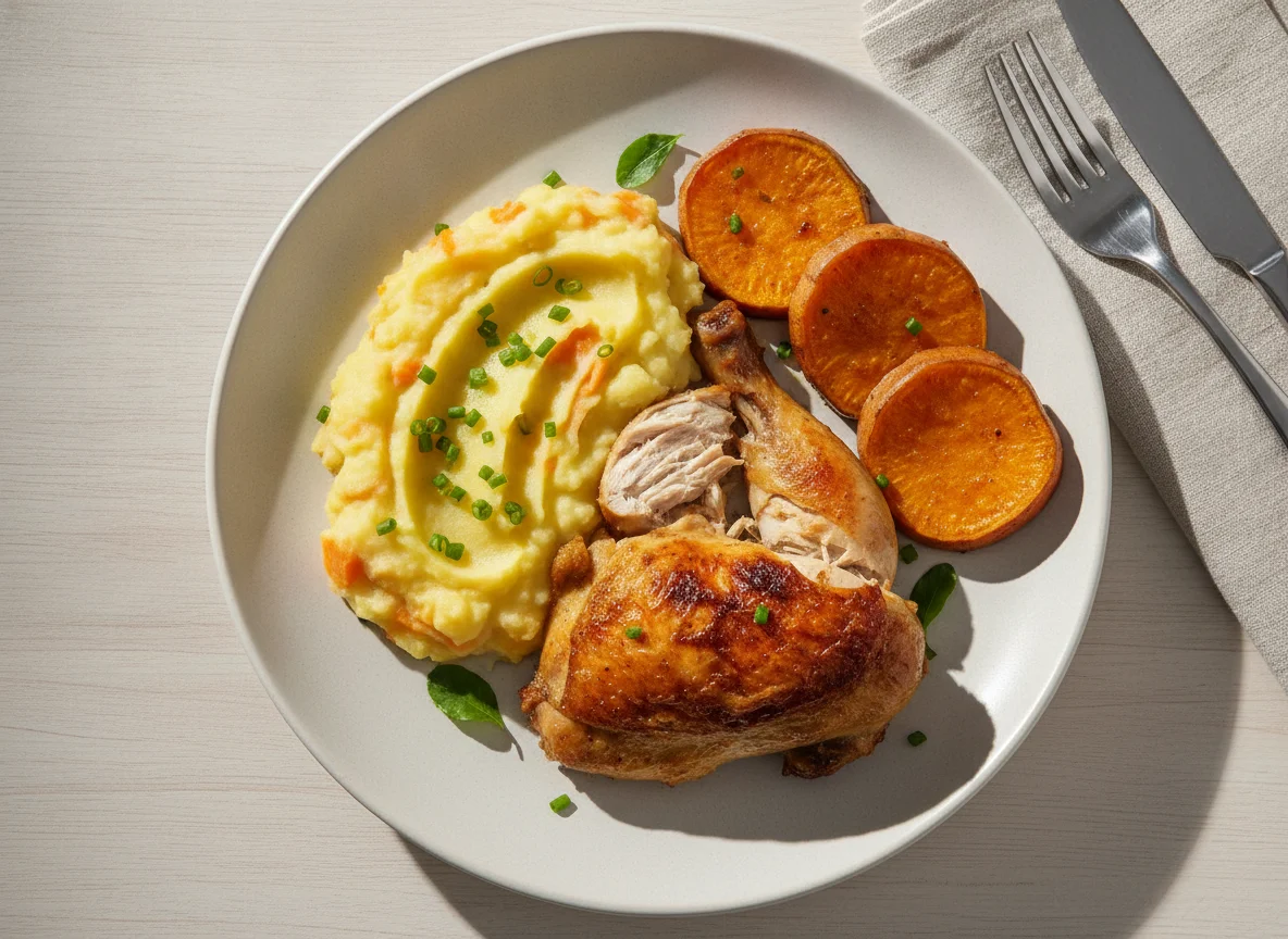 Prato de frango com purê e batata doce photo