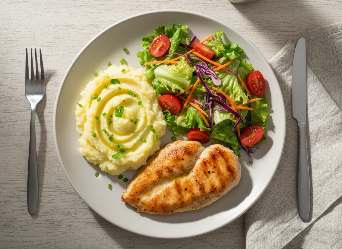 Prato de frango com purê e salada photo