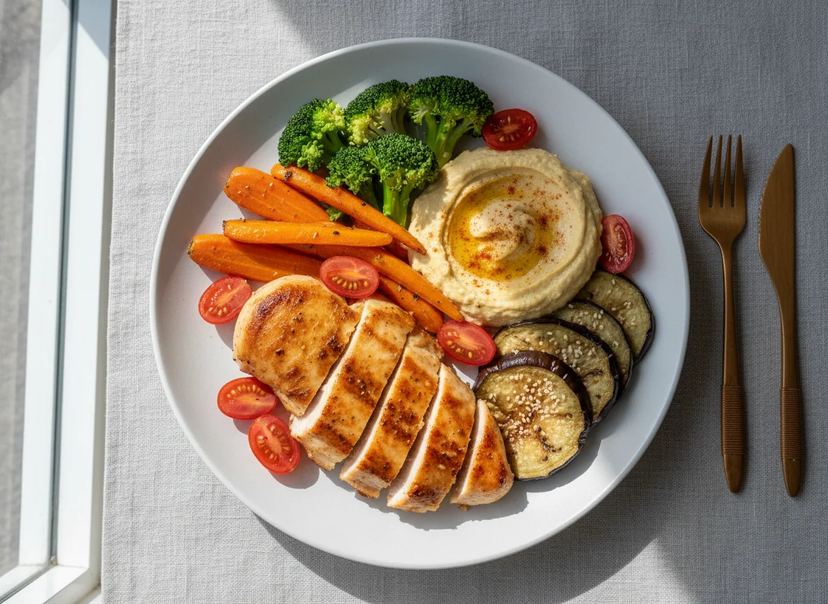 Prato de frango com vegetais e húmus photo