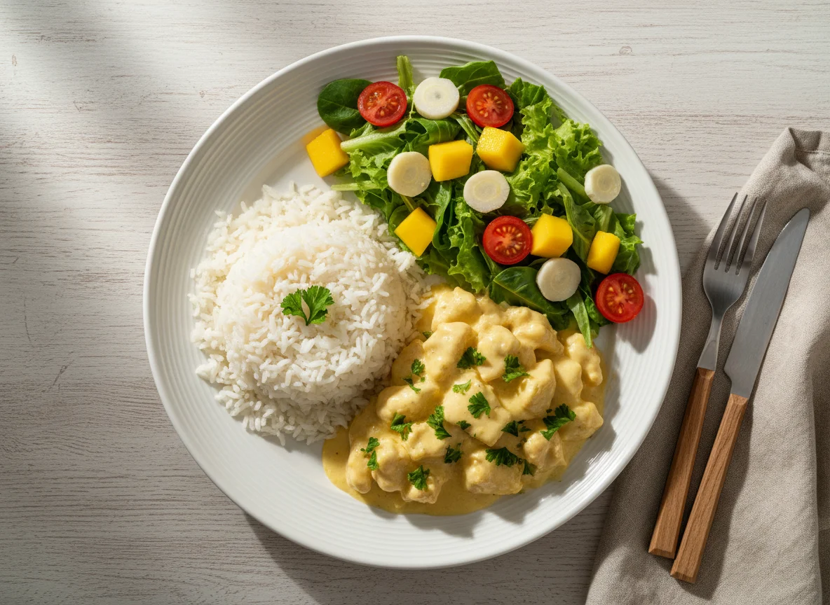 Prato de frango cremoso com arroz e salada photo