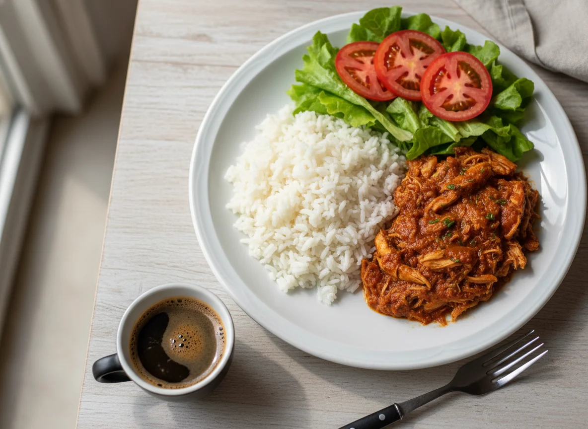 Prato de frango desfiado com arroz e salada photo