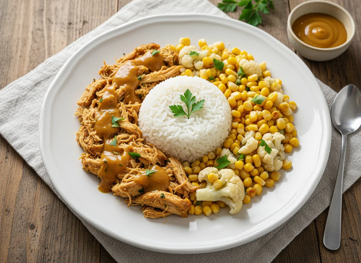 Prato de frango desfiado com arroz e vegetais photo