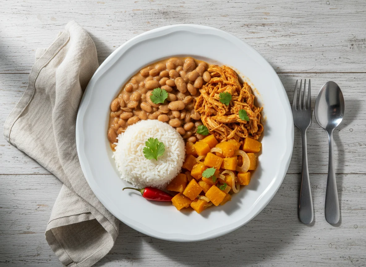 Prato de frango desfiado com arroz, feijão e abóbora photo