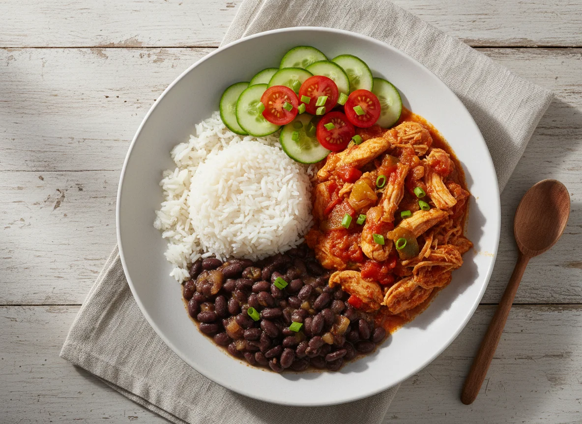 Prato de frango desfiado com arroz, feijão e molho photo