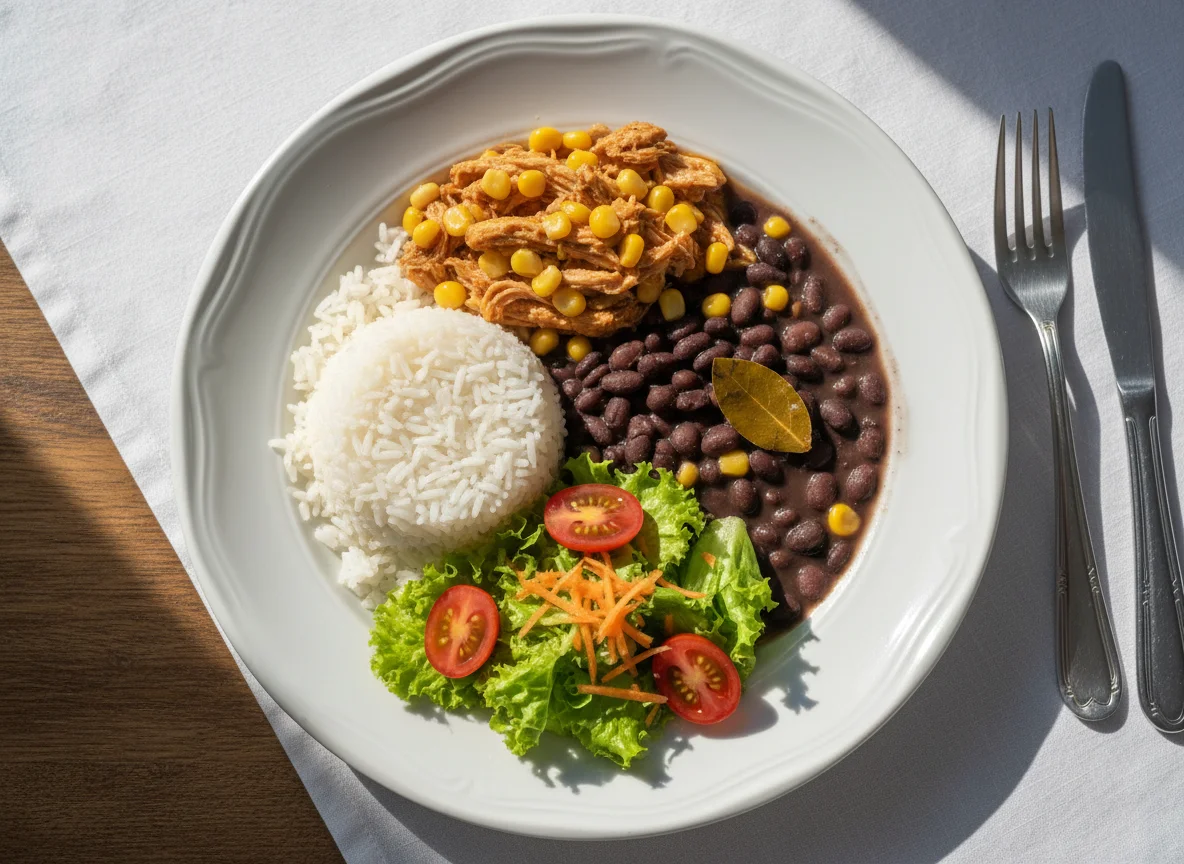 Prato de frango desfiado com arroz, feijão e salada photo