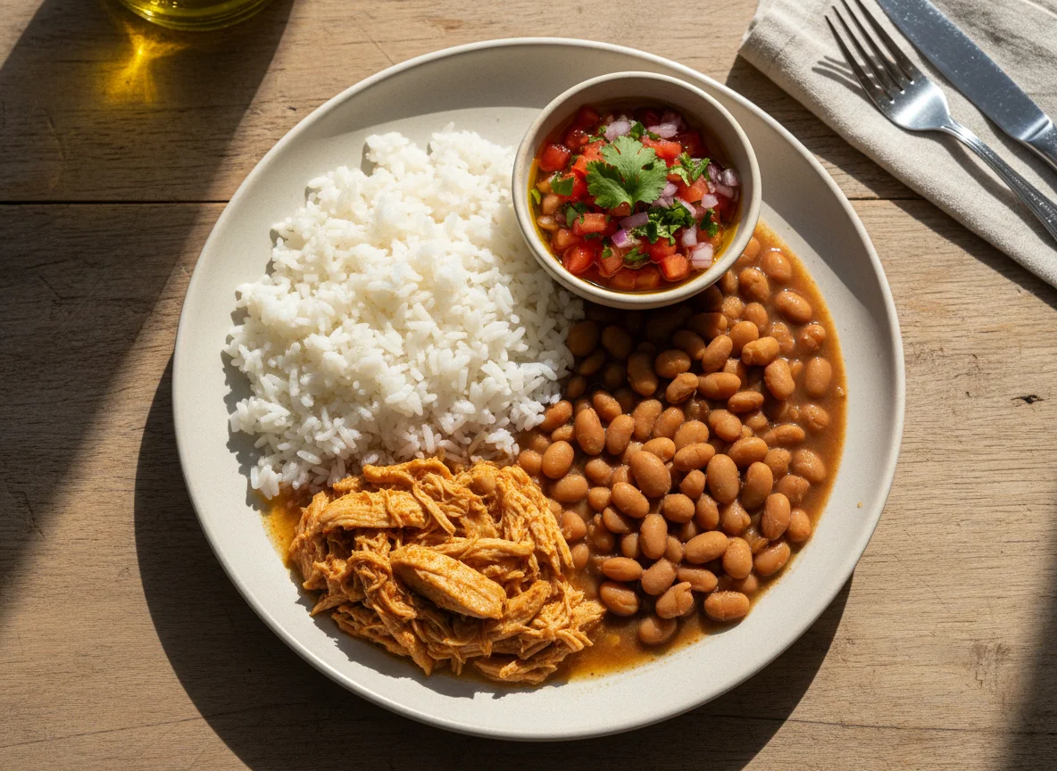 Prato de frango desfiado com arroz, feijão e vinagrete photo