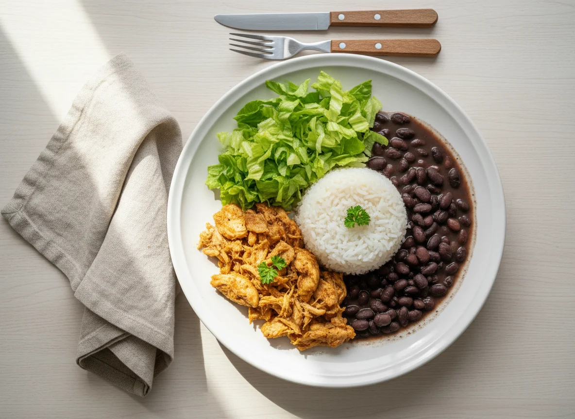 Prato de frango desfiado com feijão, arroz e alface photo
