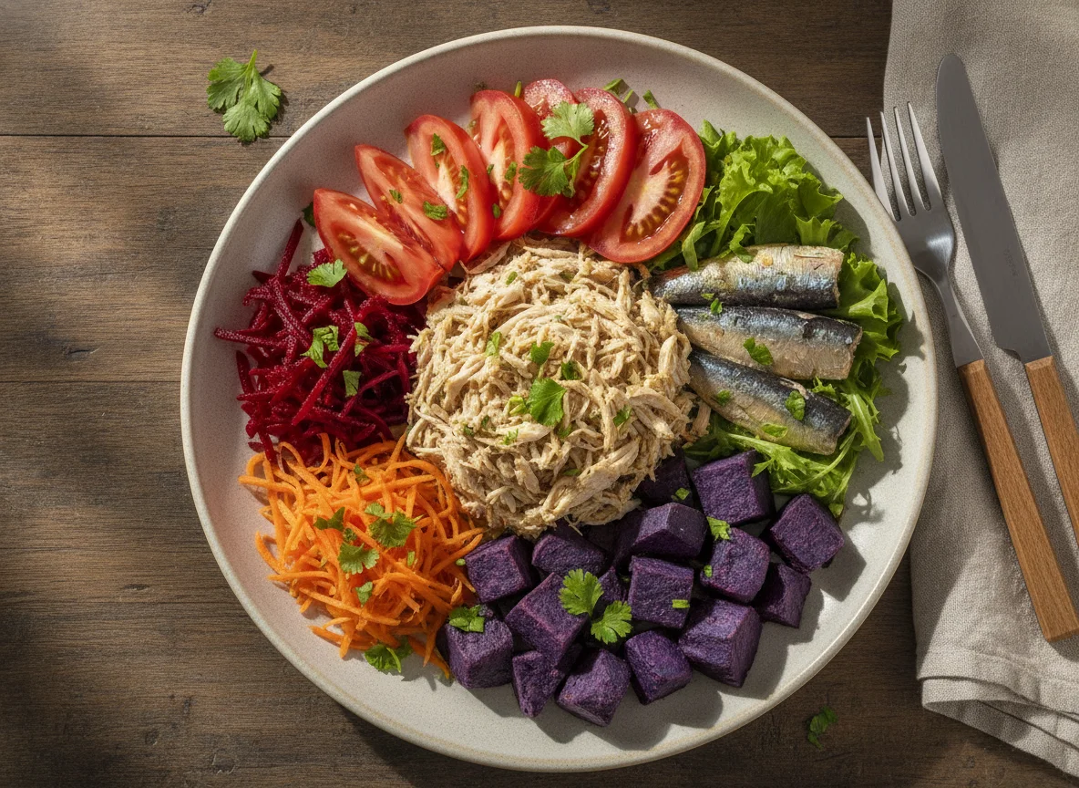 Prato de Frango Desfiado com Salada e Batata Doce Roxa photo