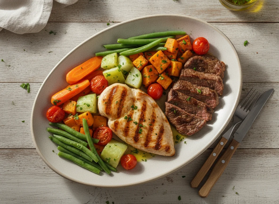 Prato de Frango Grelhado, Carne e Legumes photo