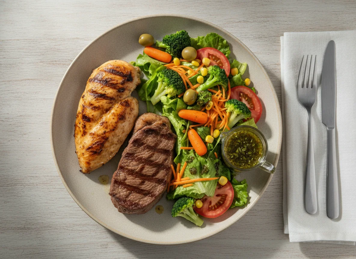 Prato de Frango Grelhado, Carne e Salada Mista photo