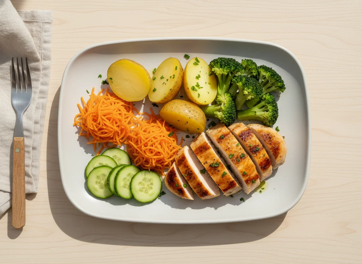 Prato de frango grelhado com acompanhamentos photo