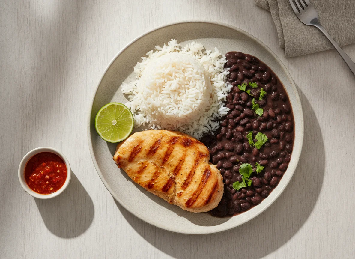 Prato de frango grelhado com arroz e feijão photo