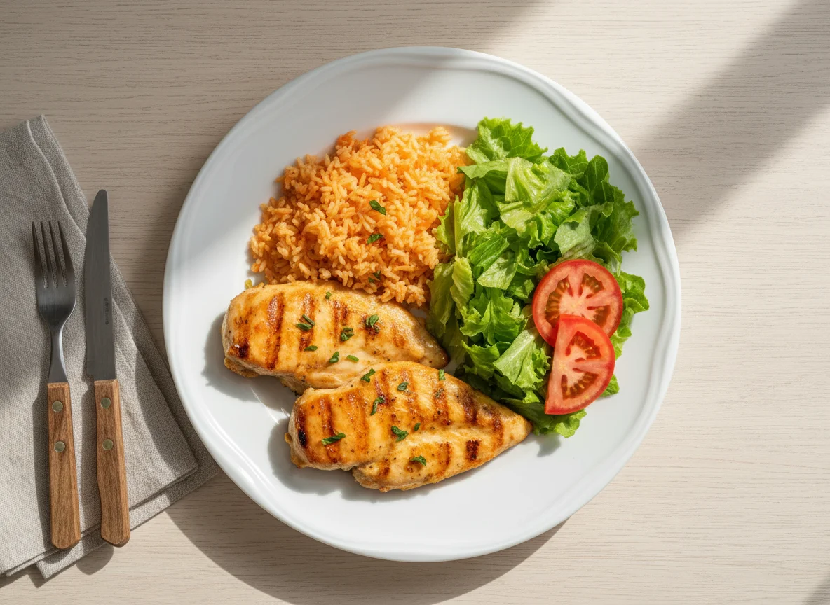 Prato de frango grelhado com arroz e salada photo