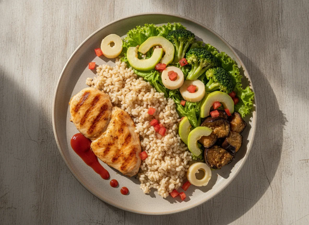 Prato de Frango Grelhado com Arroz Integral e Salada Variada photo
