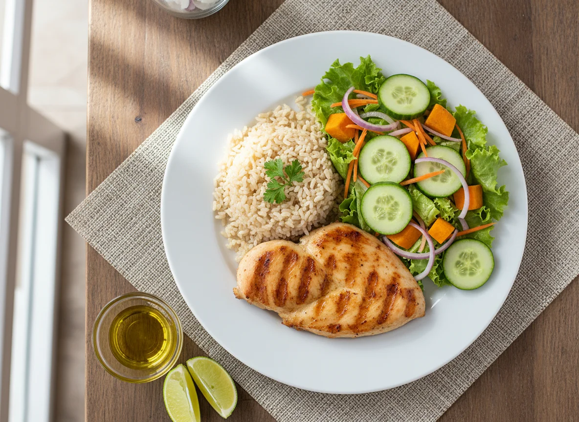 Prato de frango grelhado com arroz integral e salada photo