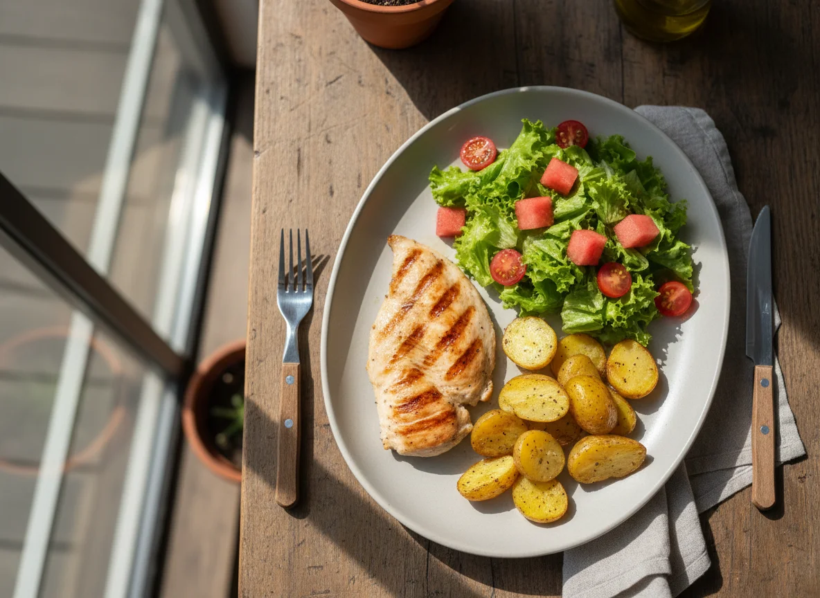Prato de frango grelhado com batatas e salada photo
