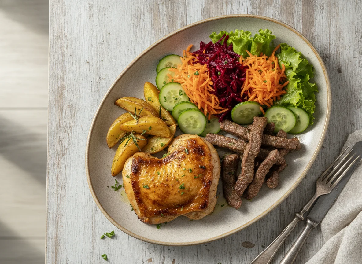 Prato de Frango Grelhado com Carne e Salada photo
