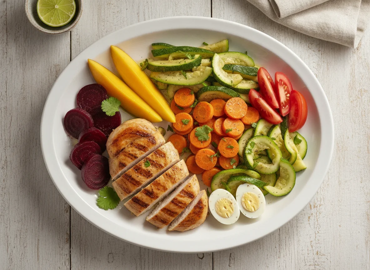 Prato de Frango Grelhado com Legumes e Manga photo