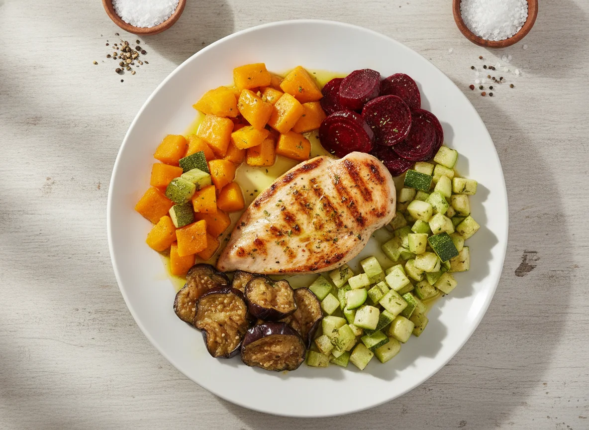 Prato de frango grelhado com legumes variados photo