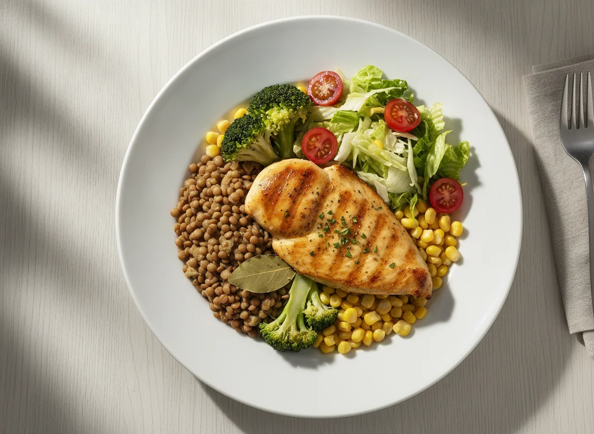 Prato de frango grelhado com lentilha e vegetais photo