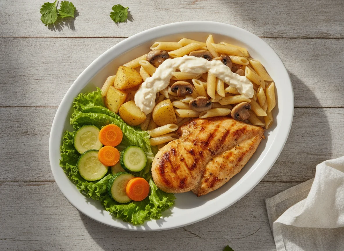 Prato de frango grelhado com macarrão penne, cogumelos e legumes photo