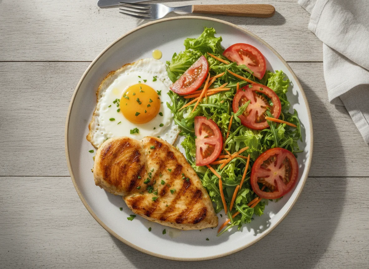 Prato de Frango Grelhado com Ovo e Salada photo