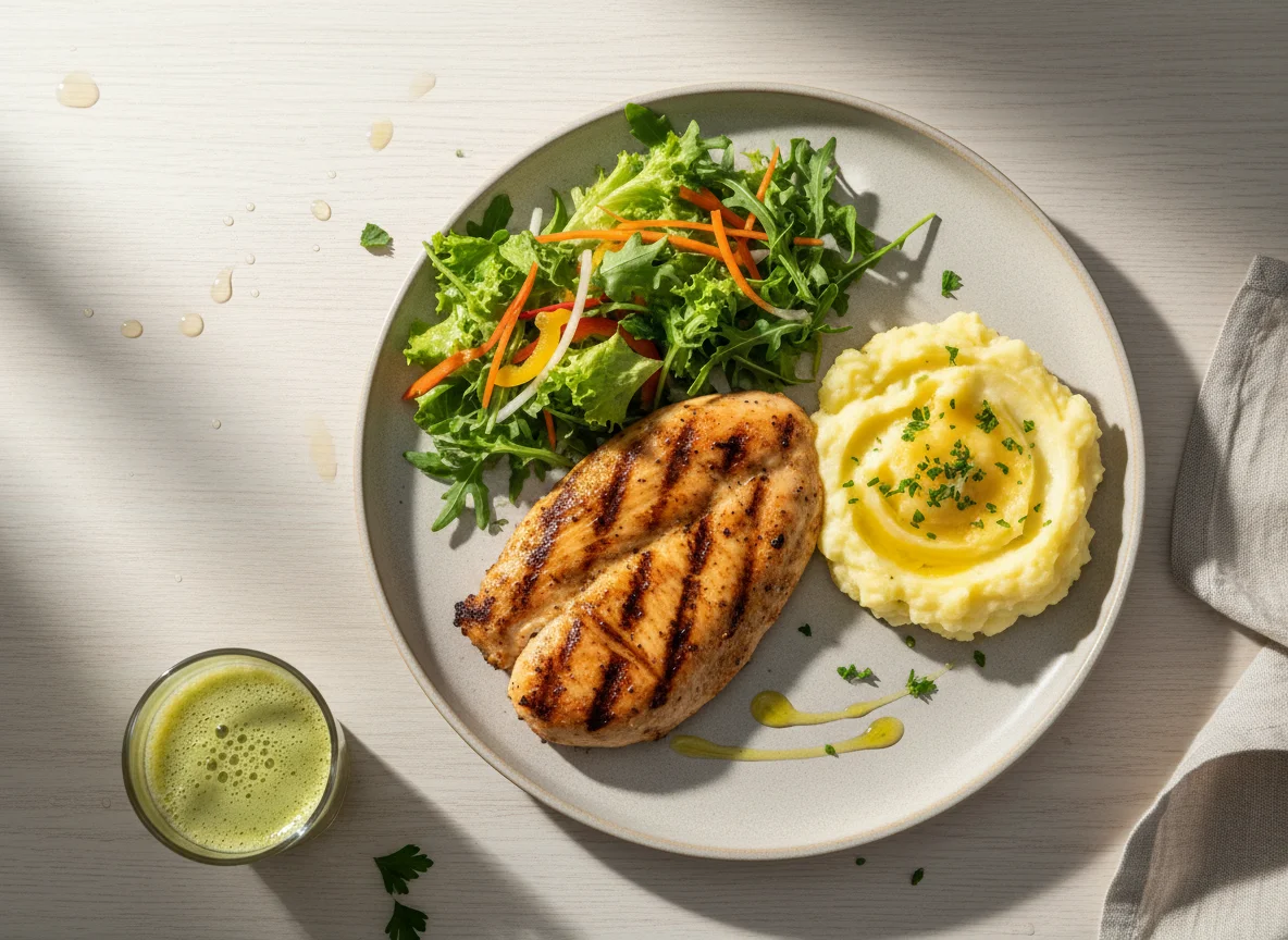 Prato de frango grelhado com purê e salada photo