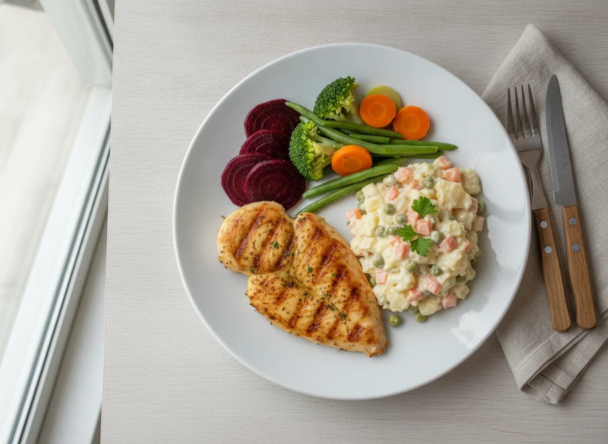 Prato de Frango Grelhado com Salada de Maionese e Vegetais photo