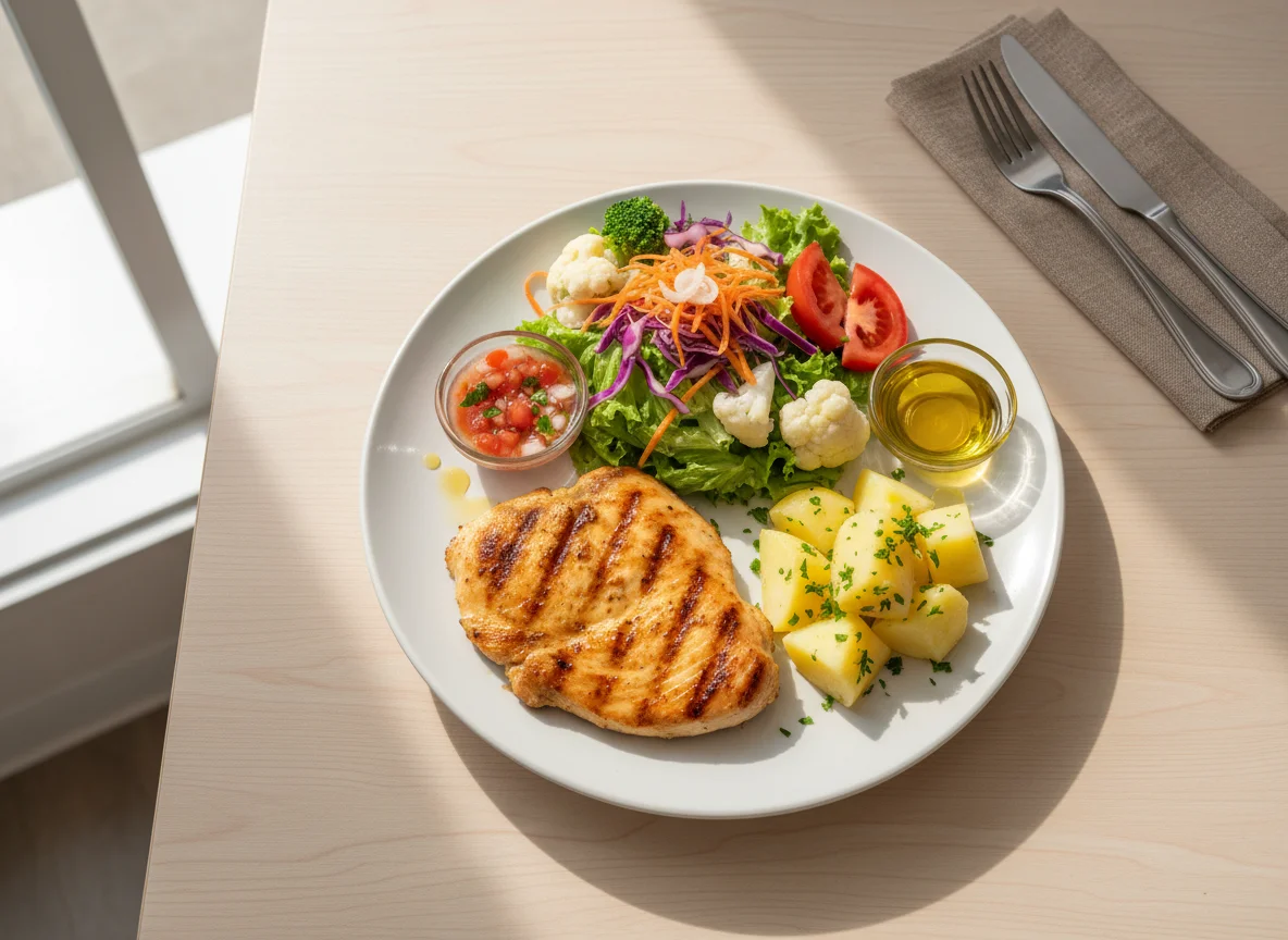 Prato de frango grelhado com salada e batatas photo