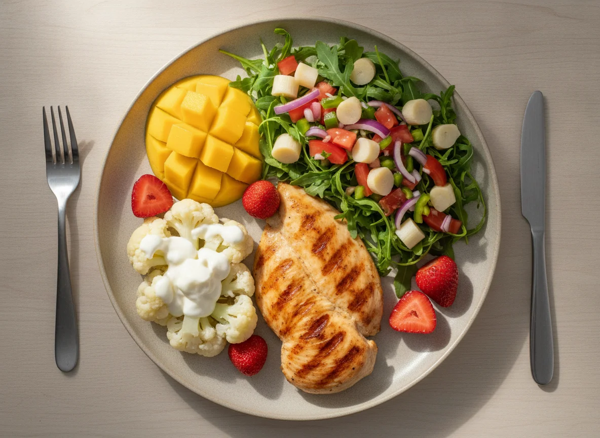 Prato de Frango Grelhado com Salada e Frutas photo