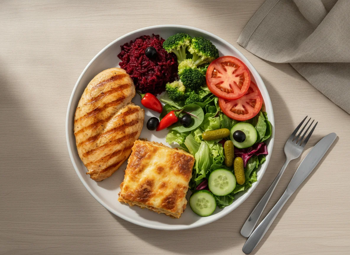 Prato de Frango Grelhado com Salada e Lasanha photo