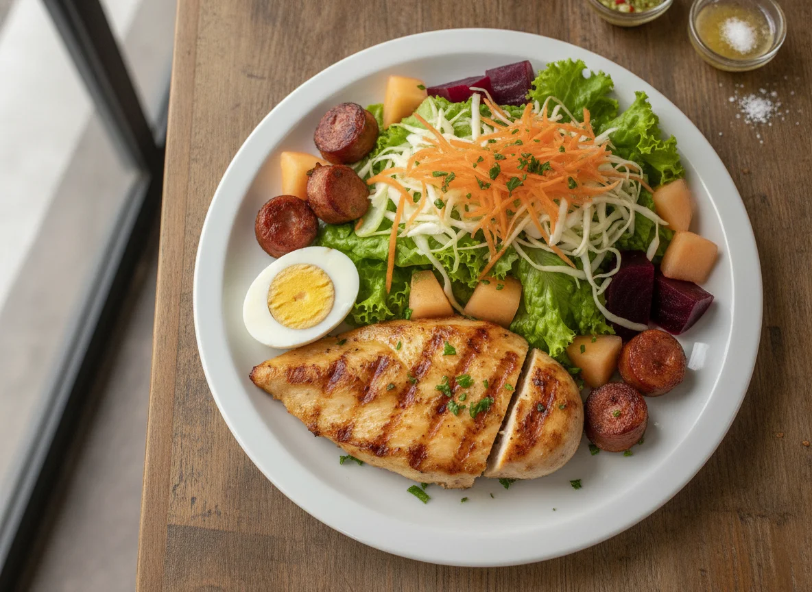 Prato de Frango Grelhado com Salada e Ovo photo