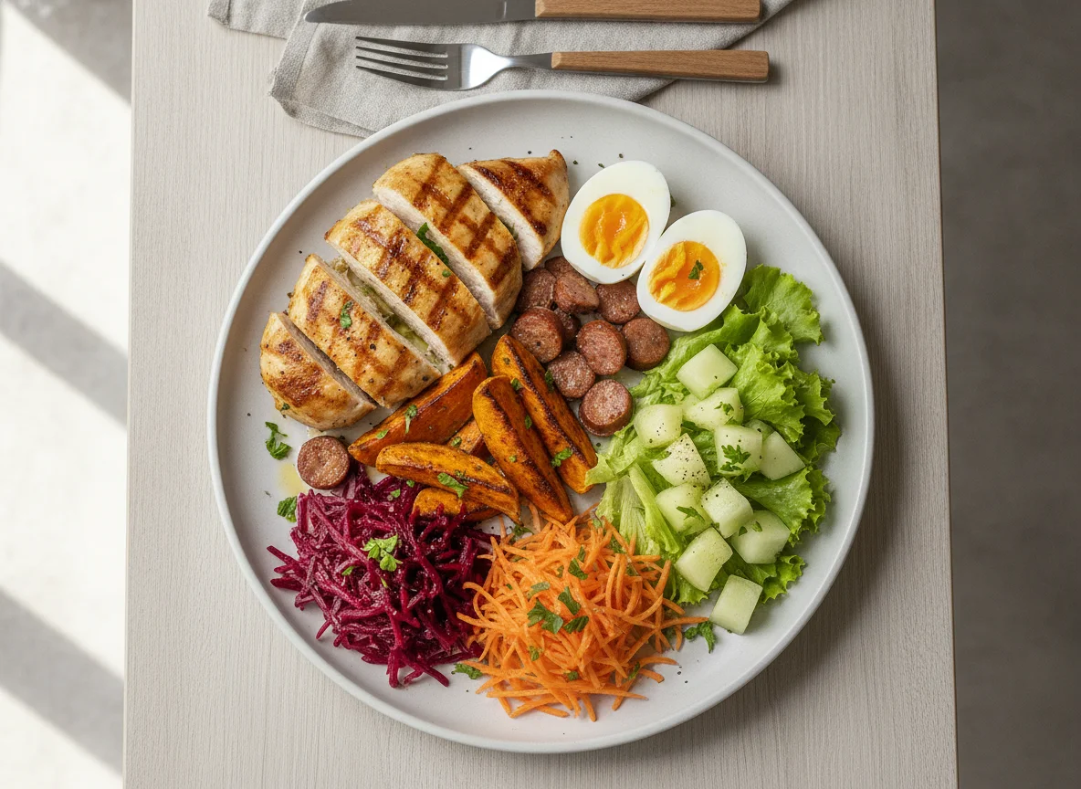 Prato de Frango Grelhado com Salada e Ovos photo