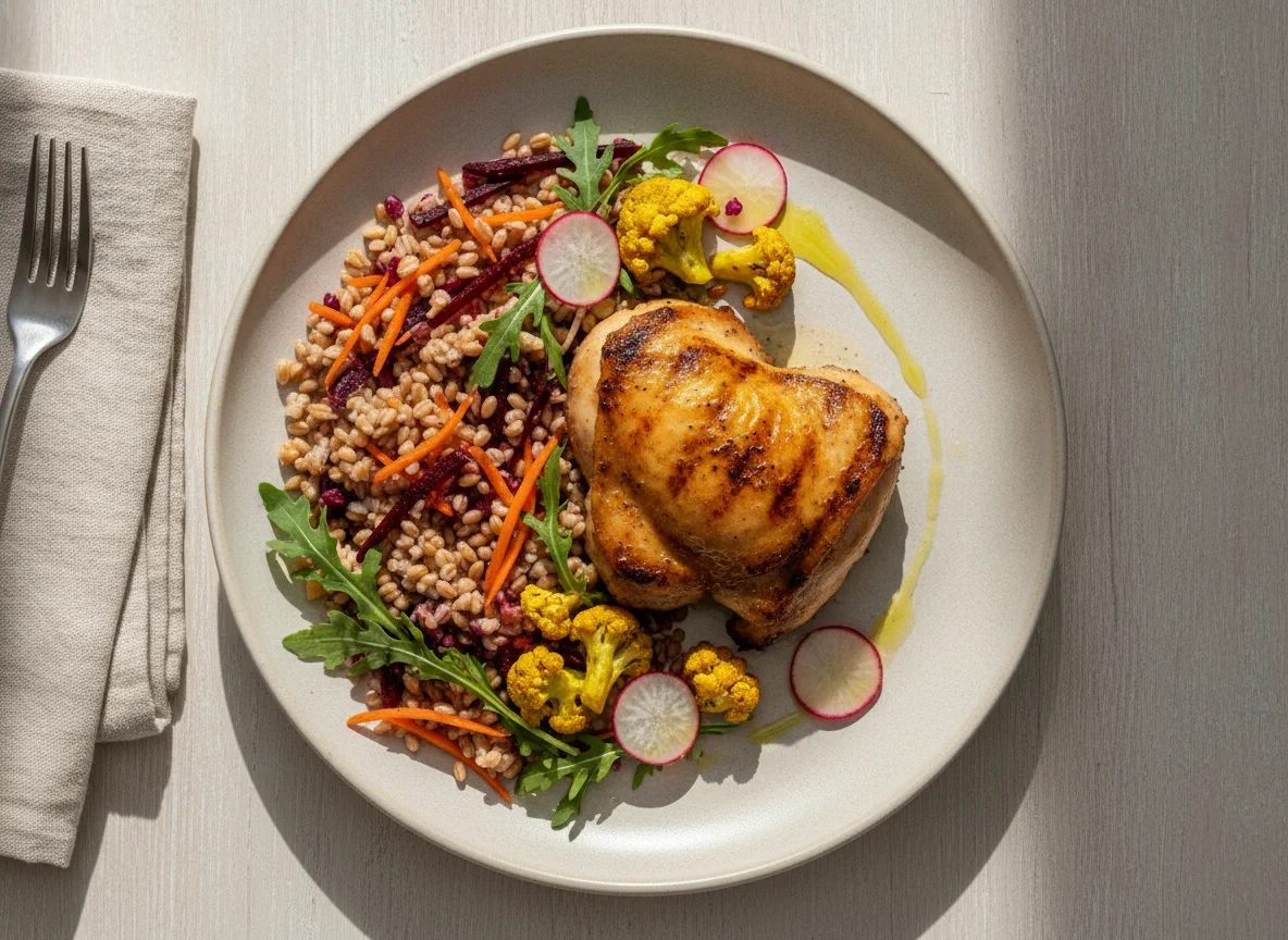 Prato de Frango Grelhado com Salada Variada e Grãos photo