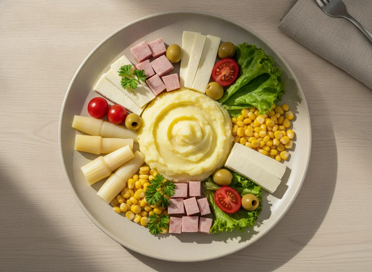 Prato de frios com purê e salada photo