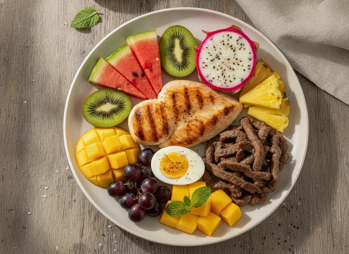 Prato de Frutas, Proteínas e Ovo photo