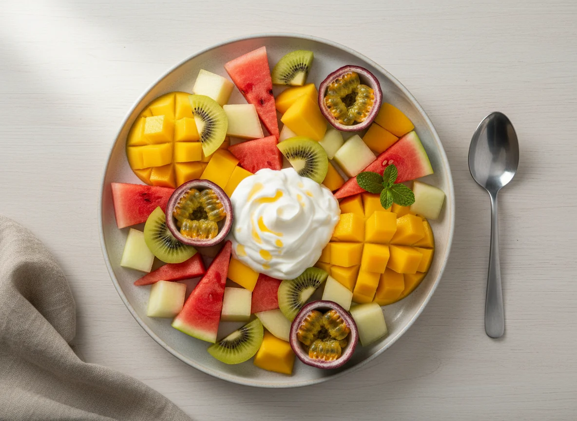 Prato de frutas variadas com iogurte photo